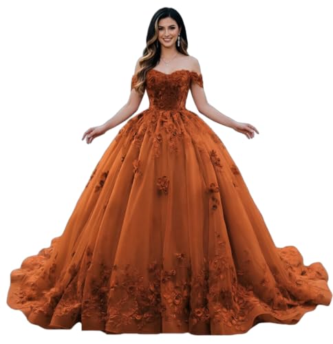KUWFDY Off the Should Ball Gown Quinceanera Dress with Sweep Train 3D Flowers Beaded Lace Sweet 15 16 Prom Dress for Girls Rust Red 10