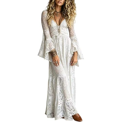 Womens Vintage Boho Wedding Dress Lace Bell Sleeve Deep V Western Maxi Gown (White Bell Sleeve,Medium)