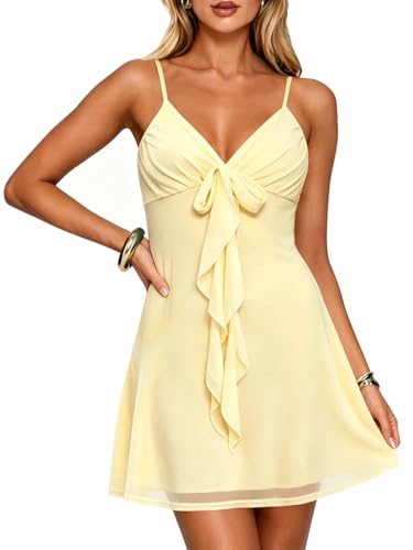 Bluetime Womens Casual Short Dress Summer Sexy V Neck Spaghetti Strap A line Vacation Beach Birthday Party Mini Sundress Butter Yellow Medium