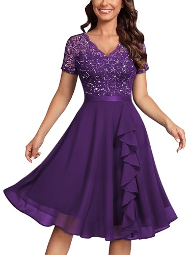 MISSMAY Women's Elegant Style Sequin Lace A-Line Cocktail Party Dress (Large, Purple)