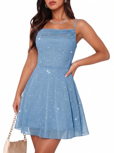 Bridesmay Womens Sparkly Homecoming Cocktail Teen Dress Formal Light Blue L