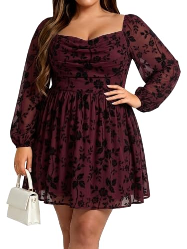Women's Plus Size Fall Long Sleeve Wedding Guest Floral Mini Short Dress