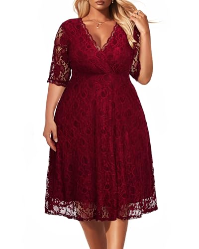 Plus Size Cocktail Dresses Women Wedding Guest Burgundy Semi Formal Party Lace Red Evening Short Elegant Maroon Sleeves