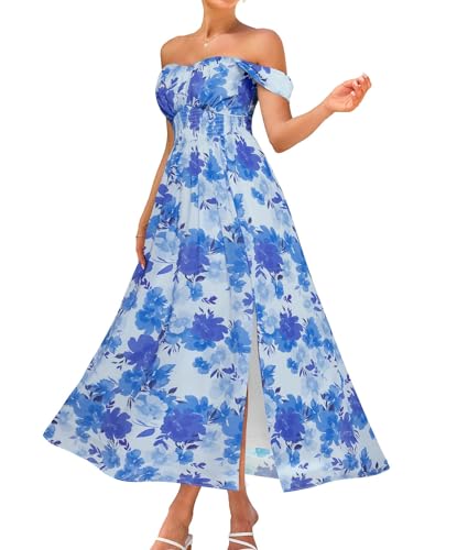 GRACE KARIN Summer Floral Dress for Women 2026,Off the Shoulder Smocked Bridesmaid Dresses,Formal Baby Shower Maxi Dresses Blue Flower L
