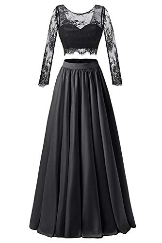 MllesReve Juniors Scoop Neck 2 Piece Prom Dress Long Sleeve Satin Evening Party Ball Gowns (Black, 8)