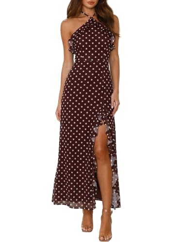 Kaximil Women's Sexy Halter Wedding Guest Maxi Dresses, Small, Dot Brown