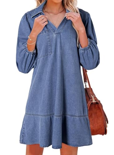 Dokotoo Women's Denim Mini Jean Dress, Ashleigh Blue, Medium | 3/4 Sleeve, Loose Fit V Neck Babydoll, 2026 Fall Winter Dresses, Daily Casual, Graduation, Elegant Western Clothes