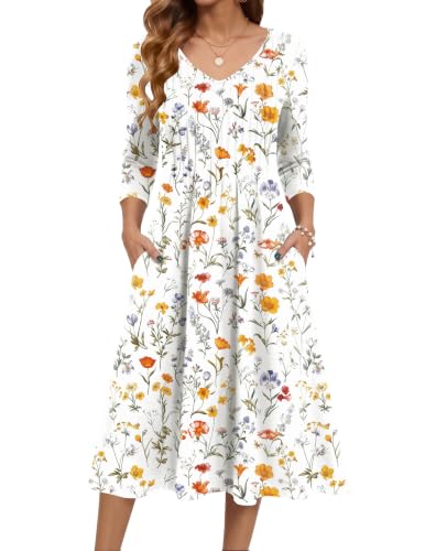 Zeagoo Floral Summer Sun Dress Pockets 3/4 Sleeve Empire Waist Dress | Floral Midi Sundress with Pockets, 3/4 Sleeve Empire Waist Casual Dress, Wedding Guest, Summer, Fall Winter