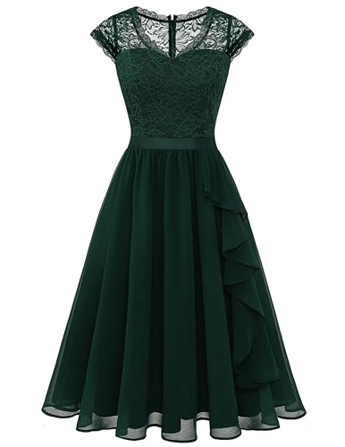 Wedtrend Women's Cocktail Dresses 2023 Summer Short Sleeve Wedding Guest Dress with Sheer Neckline A-line Short Prom Dresses Floral Lace Semi Formal Dresses for Teens WT0212DarkGreenXS