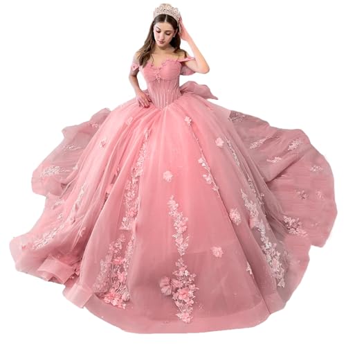 Mauuwy Dusty Pink Off Shoulder Quinceanera Dress 3D Flower Ball Gown Size 0