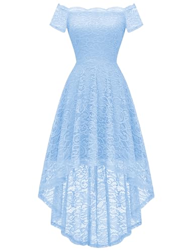 Dressystar Women's Lace Cocktail Dress Hi-Lo Off Shoulder Bridesmaid Swing Formal Party Dress 0042 Blue M