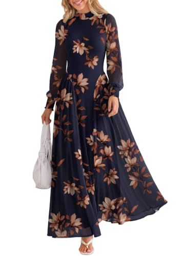 ANRABESS Womens Long Sleeve Wedding Maxi Dress,Brown Floral Dark Blue,L | Mock Neck Drop Waist A-line,Soft Lightweight Mesh,Floral,Tea Party Semi-Formal Church Vacation, Dressy Elegant, Fall Spring