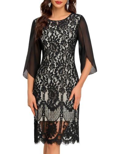 HEEKPEK Women's Lace Cocktail Dress A-Line Slit Sleeve Wedding Guest Dress