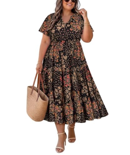 TIYOMI Plus Size Dresses for Curvy Women V Neck Maxi Black Floral Formal Dresses 5XL 26W 28W