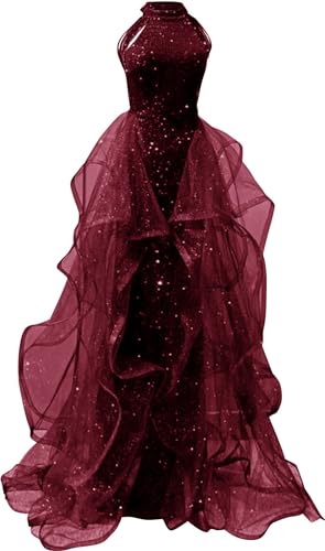 Zeeyecie High Neck Sequins Burgundy Prom Dresses 2026 Long A Line Tulle Sparkly Formal Evening Dresses Ball Gowns for Women US8