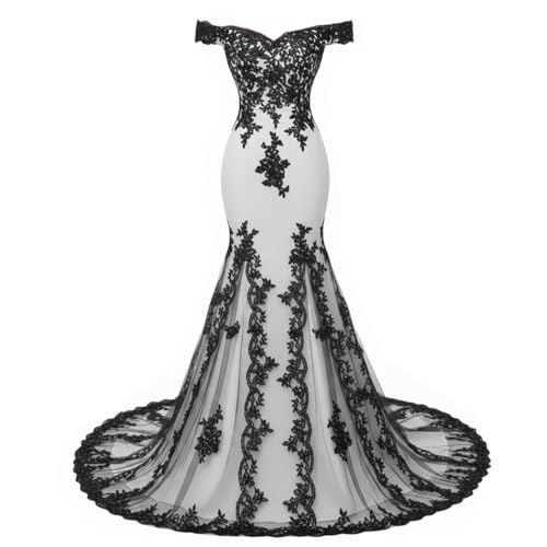Long Off The Shoulder Mermaid Evening Dress, Black Lace Gothic Wedding Gown with Court Train, Tulle Corset Formal Prom Dress, White, 12
