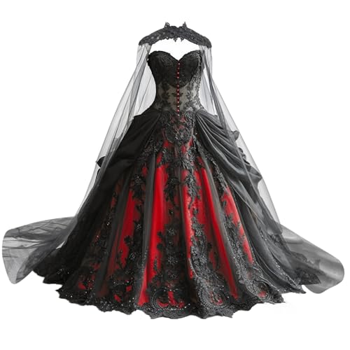 Mauuwy Tiered Wedding Gown Red & Black Bride Dress Size 12 | with Cape, Vintage Tulle Black Bridal Gown for Women , 1860s Gothic Wedding Dress,Black Dama Dresses