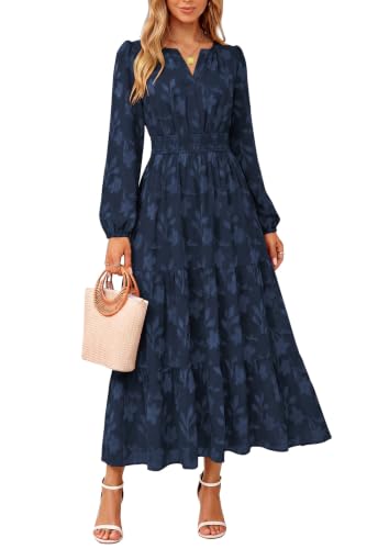 Women Long Sleeve Maxi Fall Wedding Guest Dresses with Pockets,Navy Blue,XL | Casual V Neck Elastic Empire Waist Boho Floral Dress, Elegant Semi Formal Dresses, Flowy Long A Line Winter Cocktail Dresses