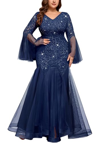 MISSMAY Women's Plus Size Formal Evening Gowns Sequin Mermaid Tulle Dresses