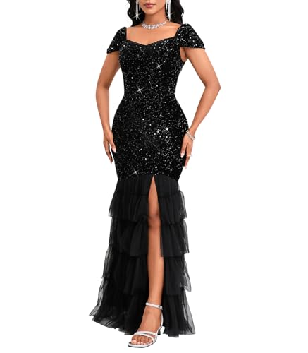 dasmzper Women’s Black Sequin Evening Gown – Elegant Off Shoulder Formal Party Dress with Ruffle Tulle Hem, Sparkly Maxi Dress for Wedding, Prom & Cocktail