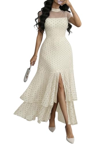 GothDark Women's Summer Mesh Ruffle Polka Dot Party Wedding Guest Dresses | A-Line, Front Split, Short Sleeve, Mock Neck, Flowy Elegant Dress, Evening, Date Night & Semi Formal Outfits