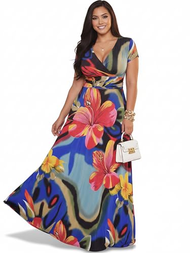 KOH KOH Womens Long Elegant Colorful Summer Floral Flower Print Short Cap Sleeve Modest Flowy Casual Hawaiian Vacation Sundress Maxi Dress Dresses Gown Gowns, Royal Blue and Pink M 8-10