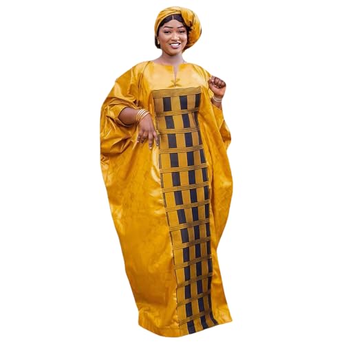 HD African Lightbrown Bazin Dress Traditional Embroidery Boubou Caftan Gown For Woman with Heard Wrap