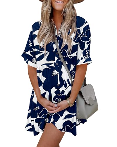 PYGFEMR Women's Short Sleeve Babydoll Dress Button Down Dresses, White Navy Flower S