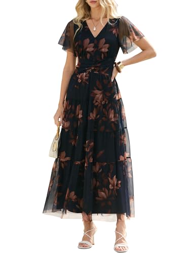 ANRABESS Women's Floral Tulle Wedding Guest Short Sleeve Maxi Dress
