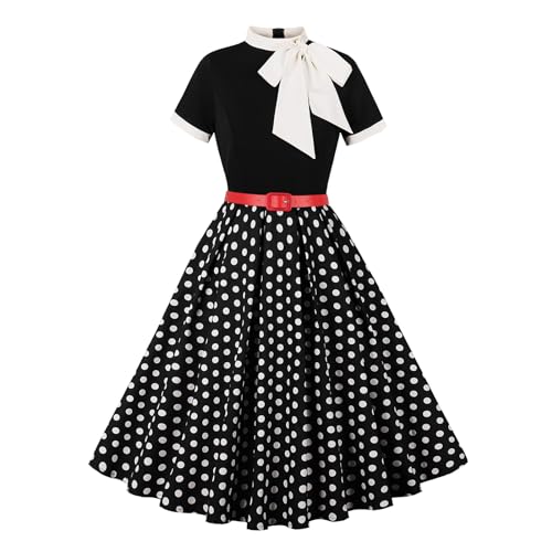 50s Style Dresses for Women Vintage Short Sleeve Tie Neck Swing Dress 1950s Dresses Polka Dot 50s Dresses for Women Retro Audrey Hepburn Church Dresses Tea Party Dress Black Polka Dots M