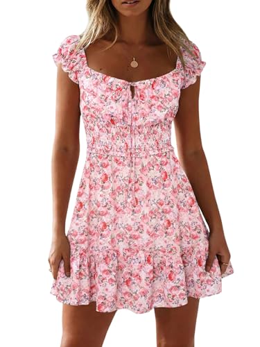 Womens Summer Floral Sundress Ruffle Sleeve Sweetheart Short Mini Dresses