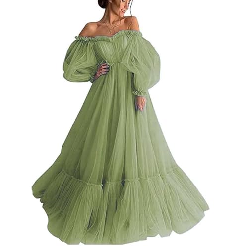 TPonline Tulle Wedding Dresses for Bride Clover Long Puffy Sleeve Off Shoulder Lace Applique Wedding Gown Size 10