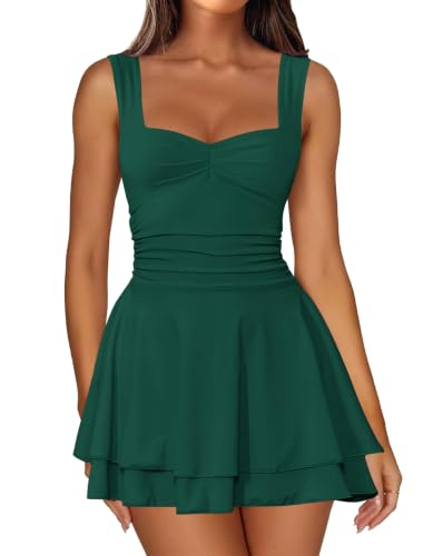 IWD Womens Square Neck Mini Elegant Dress Ruched Corset Waist Tiered Ruffle Hem A Line Short Christmas Party Dresses Dark Green Small