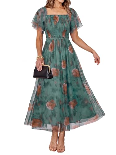 Simplee Womens Floral Maxi Dresses 2026 Summer Boho Wedding Guest Dress | Short Sleeve, Flowy, Smocked, Mesh, Square Neck, Tea Party, Casual, Modest, Bride, Floral Teal Orange M