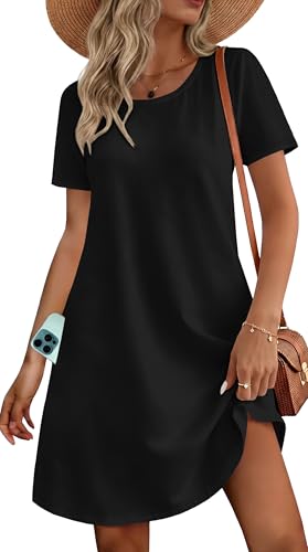Tshirt Dress for Women Plus Size Summer Swing Beach Short Sleeves Pocket Sundresses(Black,5XL)