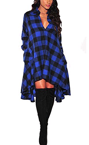olrain Womens New Plaids Irregular Hem Casual Shirt Dress XXX-Large Blue