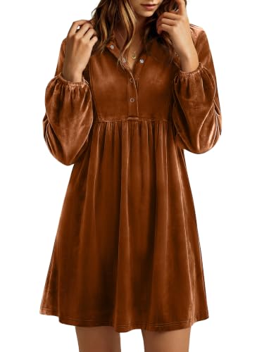 Caracilia Womens Velvet Fall Casual Mini Babydoll Dresses Burnt Orange S