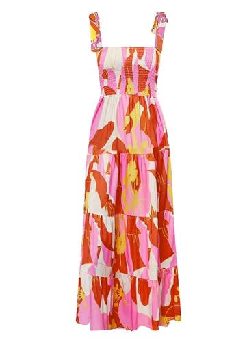 kinstell Women's Summer Boho Spaghetti Strap Square Neck Ruffle Casual Flowy Long Dress Beach Swing Party Maxi Dress Orange