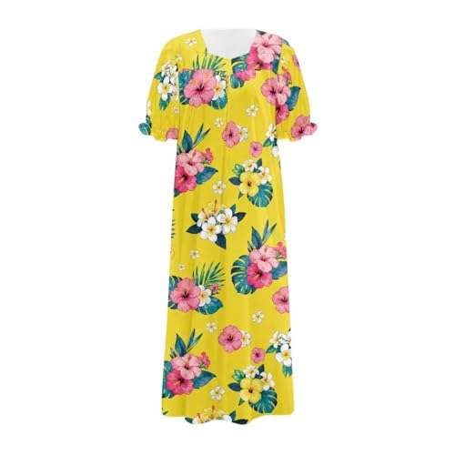Srengjodk Momo Dresses for Women Plus Size Samoan Dress for Women Hawaii Mumu Dress for Niue,New Zealand,Luau Breathable Island Dresses Floral Print Yellow Large