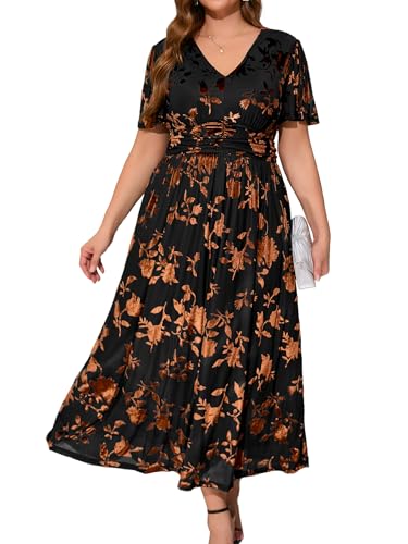 Simplee Womens Fall Velvet Dress Plus Size V Neck Short Sleeve Evening Party Semi Formal Wedding Gues Maxi Dress (3XL Brown)