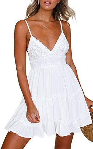 ECOWISH Womens V-Neck Spaghetti Strap Bowknot Backless Sleeveless Lace Mini Swing Skater Dress White Extra Small