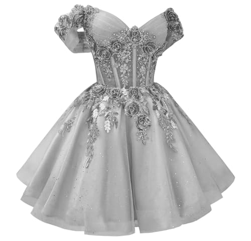 Mouccy Silver 3D Flowers Homecoming Dresses Short Tulle DAMA Dress