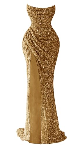 Zeeyecie Women's Sequin Gold Prom Dress 2026 Mermaid Sparkly Long Evening Formal Party Ball Gowns with Slit US2