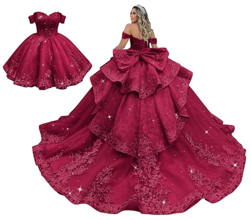 Zhangyo Off Shoulder Dark Burgundy Quinceanera Dresses with Bow Prom Size 8 | Off Shoulder Quinceanera Dresses, with Bow, Lace Prom Dress Long Ball Gowns with Train 2 in 1 Pageant Two Piece DAMA Dress,