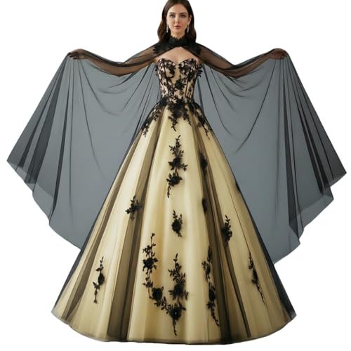 Lemai Vintage Gothic Wedding Dress with Cape for Bride Black Lace 3D Flowers Puffy Ball Gown Prom Quinceanera Dress for Girl Champagne 10