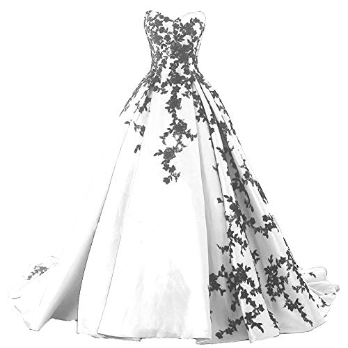 Kivary Gothic Black Satin Lace V Neck A Line Long Prom Corset Wedding Dresses Black White 6