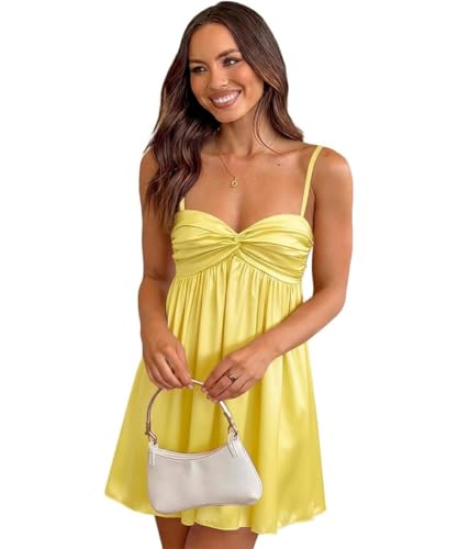 GRMLRPT Women Satin Homecoming Dresses Short Sweetheart Neck Adjustable Spaghetti Straps A Line Prom Party Cocktail Dress,Yellow,M