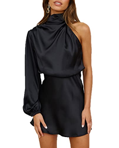KOUNAI Women Satin One Shoulder Long Sleeve High Neck Cocktail Mini Dress