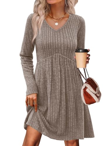 OFEEFAN Baby Doll Dresses Women Fall Dresses for Women 2026 Cowboy Chic Empire Waist Business Dress Party Dress Tunic Sweater Winter Chocolate Brown Boho Khaki M