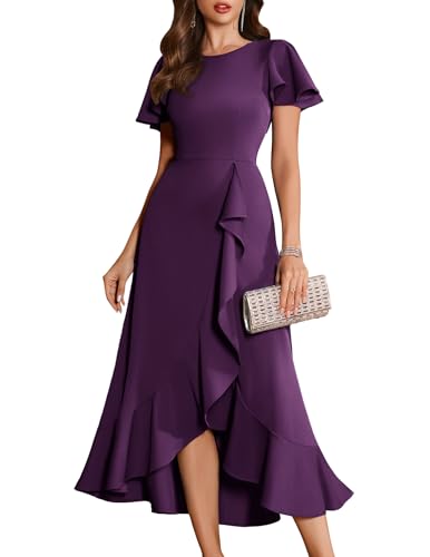 Women Formal Flutter Sleeve Wedding Guest Long Cocktail Dress Grape L | Flowy Ruffle Hem, Midi Length, Ideal for Evening Party, Prom, Gala, Mother of the Bride & Bridesmaid, Elegant & Classy Gown